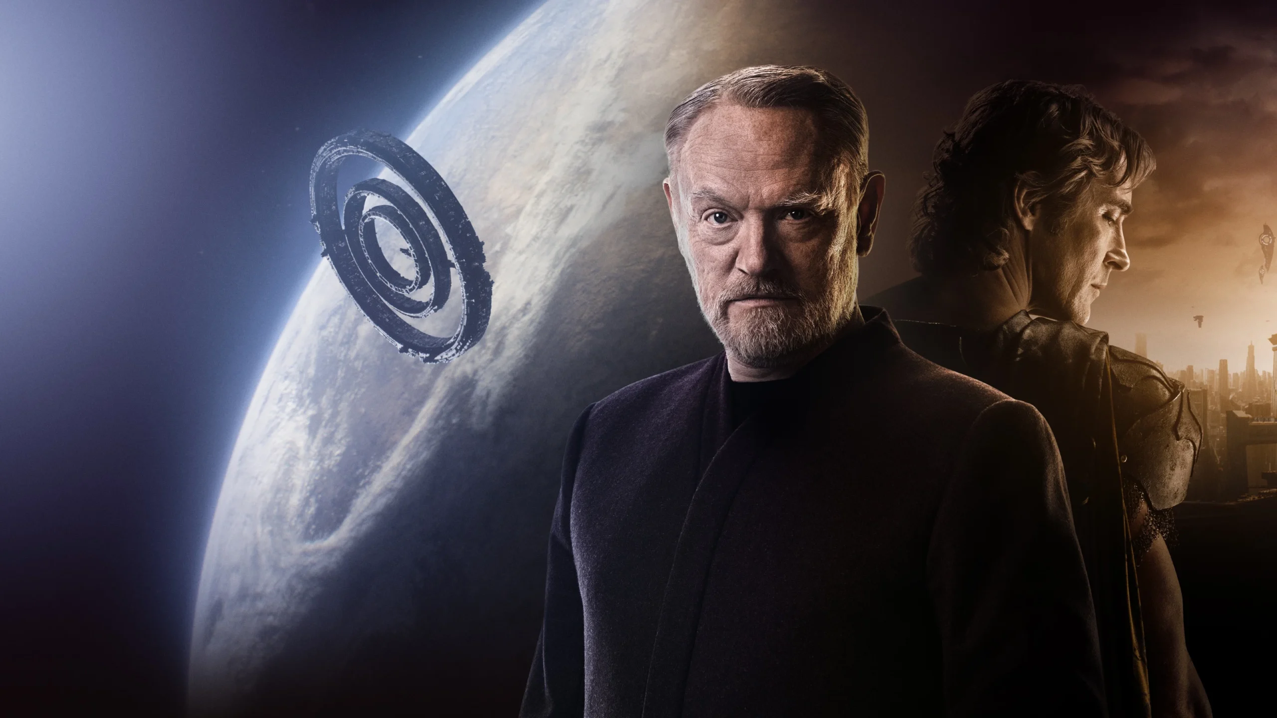 Hari Seldon, played by Jared Harris, standing before a giant planet and orbital structure in Foundation, with Brother Day behind him.