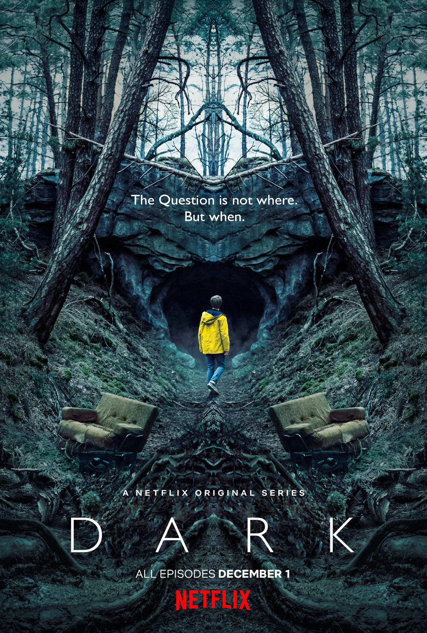 Dark (Netflix) – Official Series Poster Dark Netflix series poster featuring a mysterious forest and a figure in a yellow raincoat